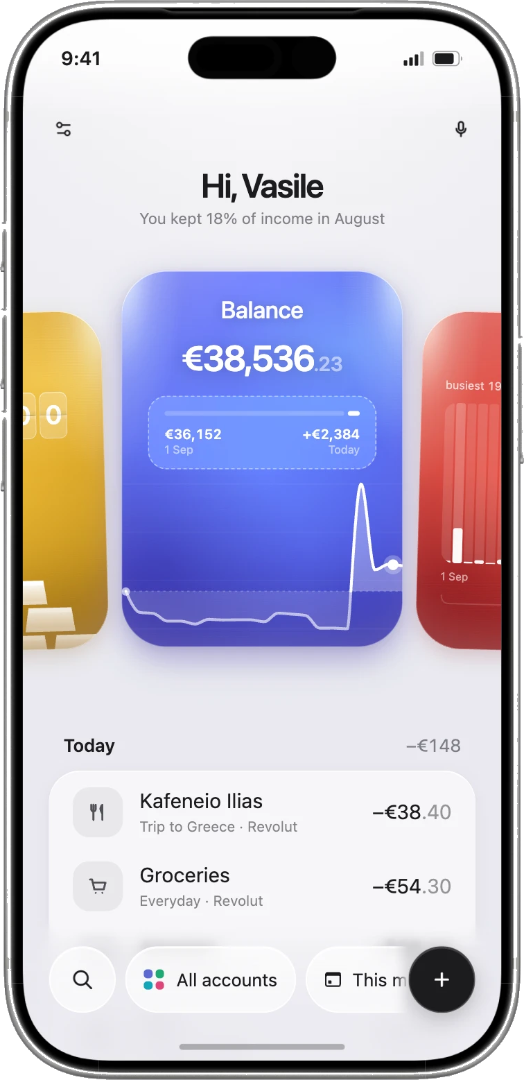 Remoney on an iPhone: a balance of €38,536.23 over a spending chart, with the day’s transactions listed below.